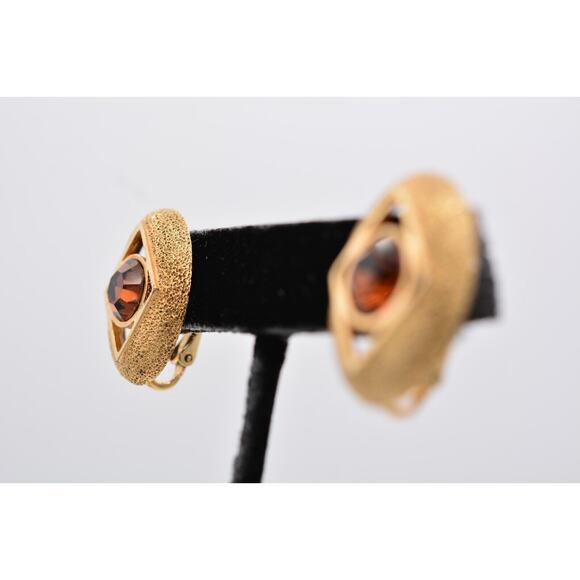 Sarah Cov Vintage Crystal Clip Earrings Chocolate Rhinestone Gold Signed BinAV - Picture 3 of 12